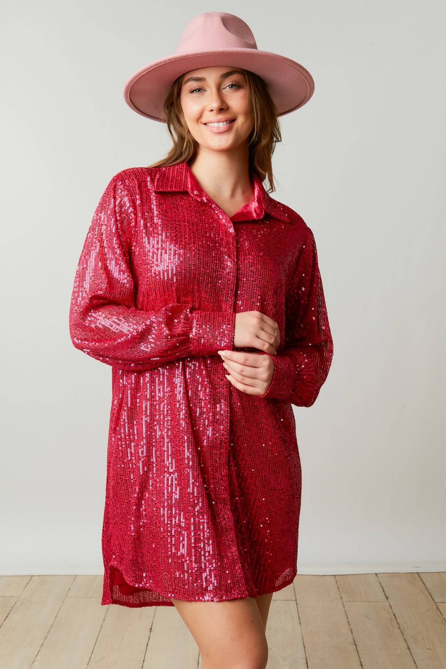 Sequin Shirt Dress- Fuschia