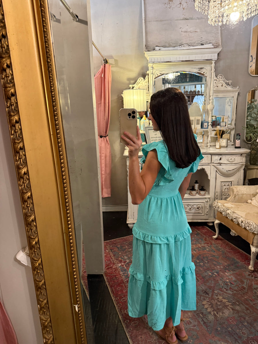 aqua ruffled midi dress Aqua Ruffle Sleeve Midi Dress Large
