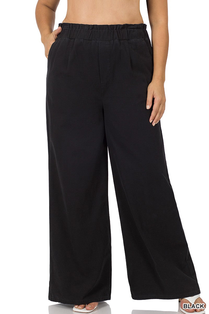PLUS STONE WASHED CANVAS PAPERBAG WIDE LEG PANTS