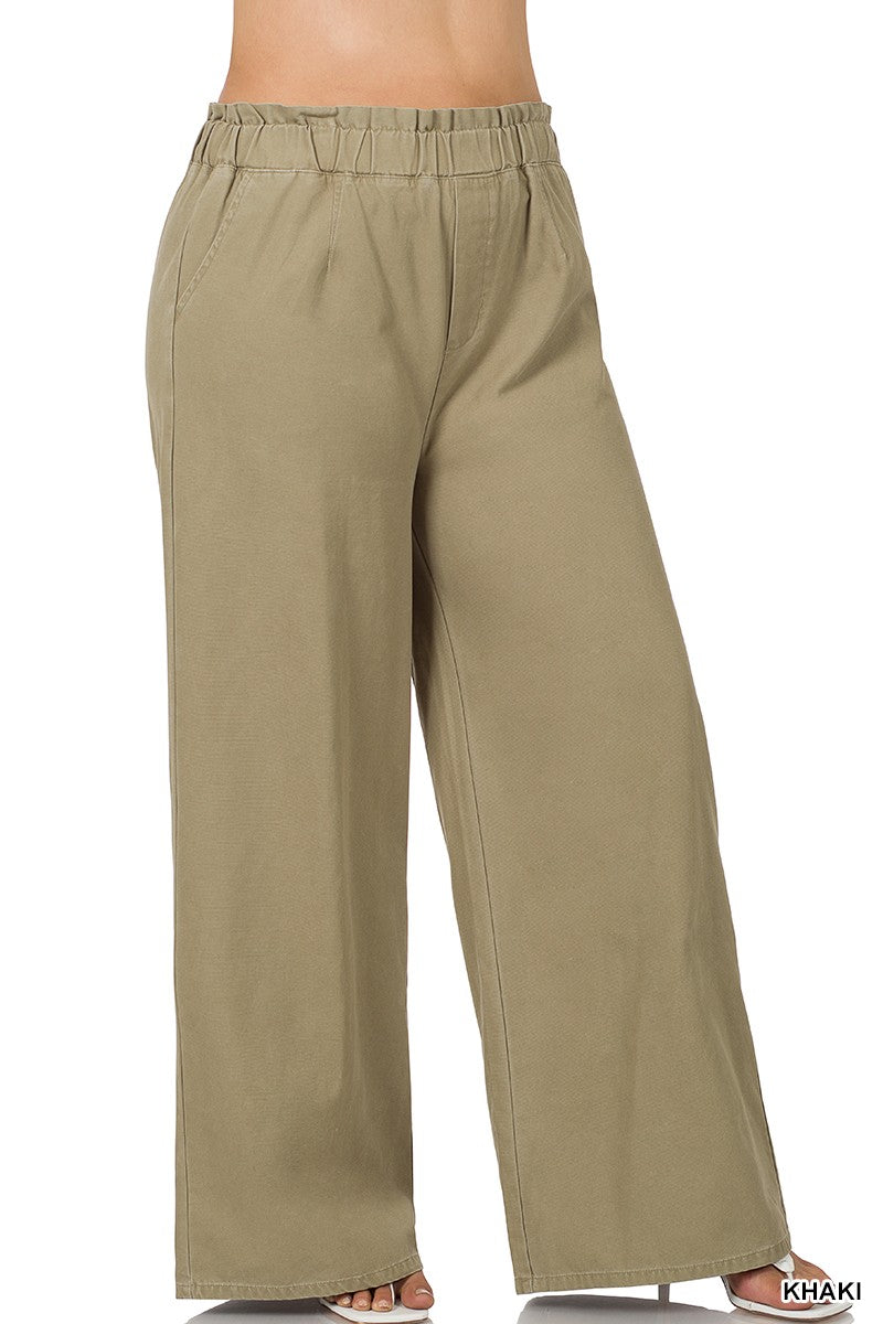 PLUS STONE WASHED CANVAS PAPERBAG WIDE LEG PANTS