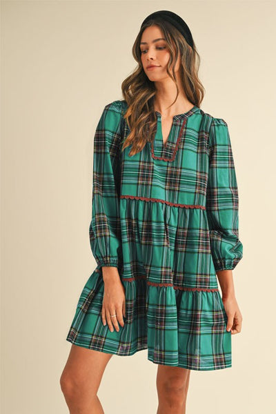 Plaid Scallop Trim Detail Babydoll Mini Dress M Plaid Scallop Trim Detail Babydoll Mini Dress M