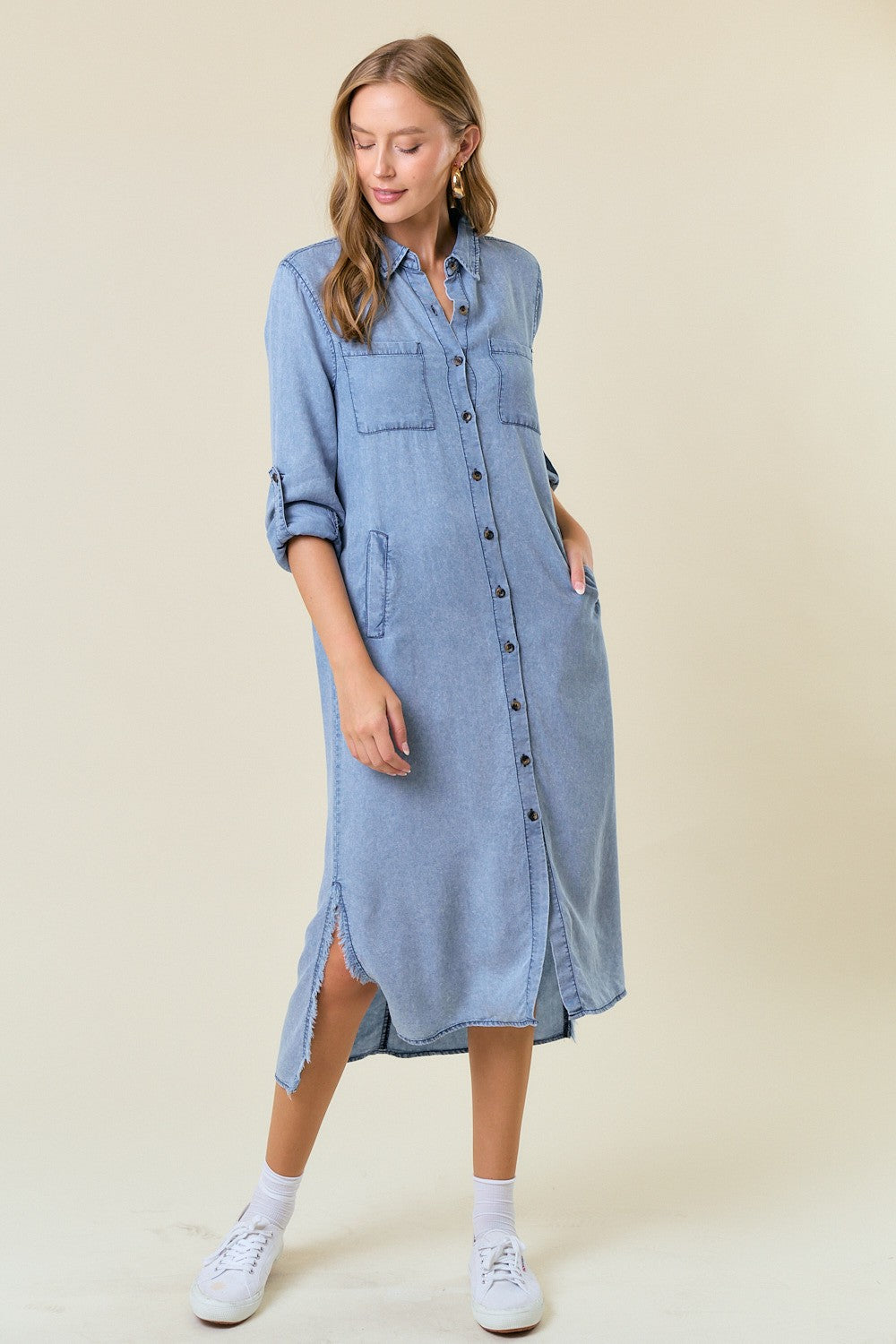 white christmas dresses Long Sleeve Frayed Tencel Denim Shirt Midi Dress – Antigone's