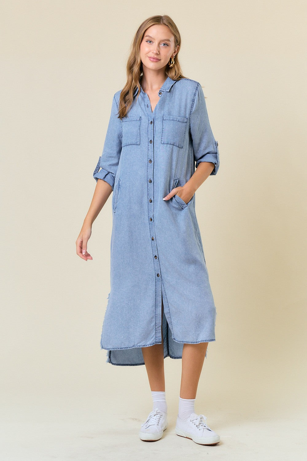 chinese dress ladies Ivy Tencel® Denim 3/4 Sleeve Midi Dress – Foxcroft