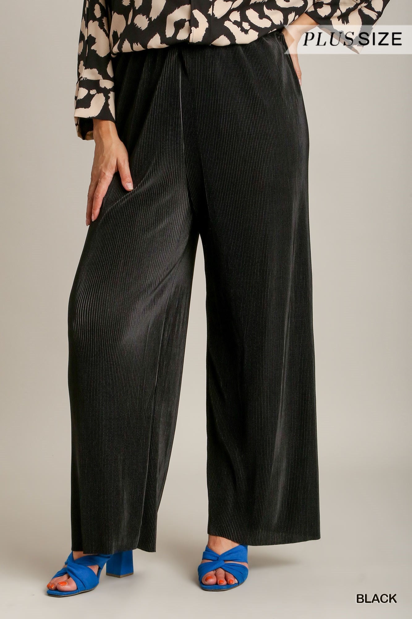 Plus Pleated Satin Wide Bottoms with Elastic Waistband
