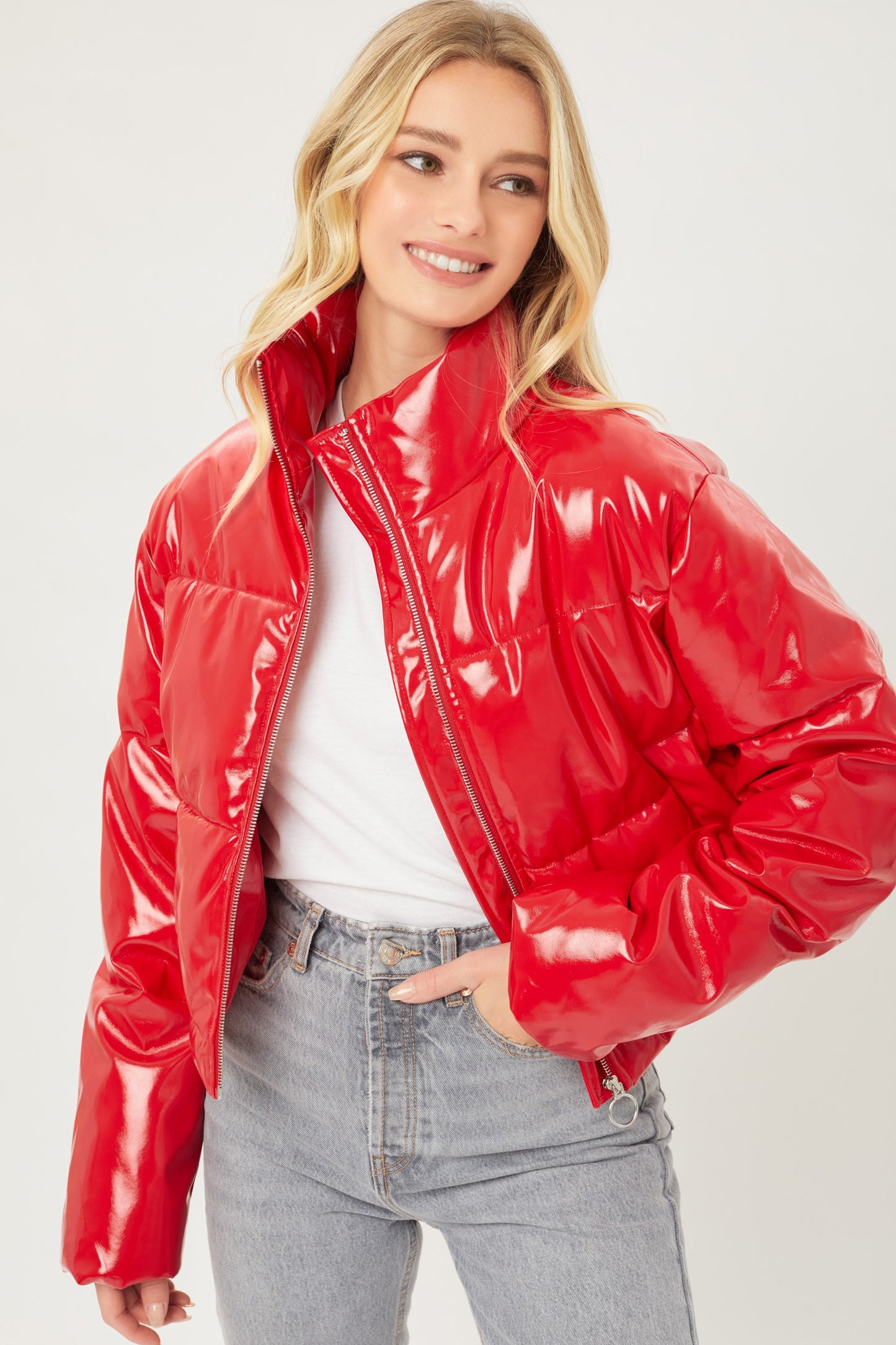 Faux Patent Leather Puffer Jacket